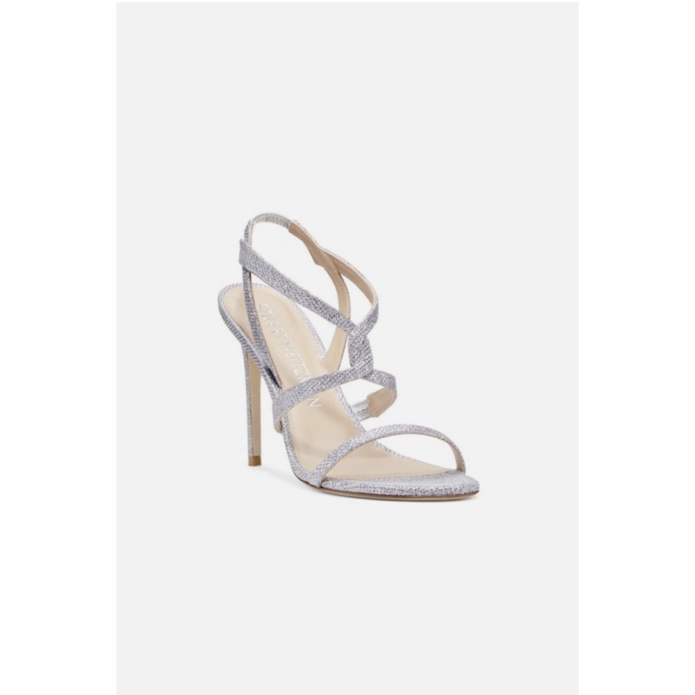 Stuart Weitzman Soiree 100 Silver Metallic Strappy Slingback Heels Womens 5